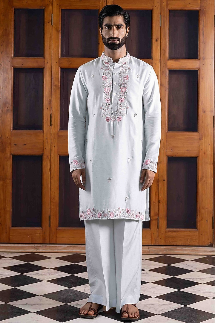 Light Steel Blue Tussar Silk Mirror Work Kurta Set by NAFS at Pernia's Pop Up Shop