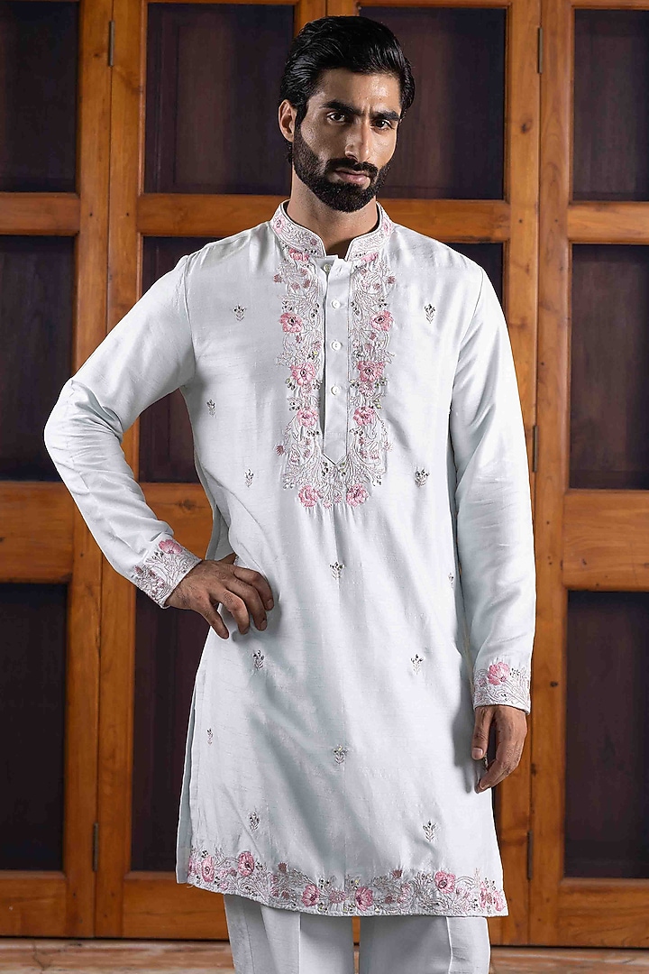 Light Steel Blue Tussar Silk Mirror Work Kurta Set by NAFS at Pernia's Pop Up Shop
