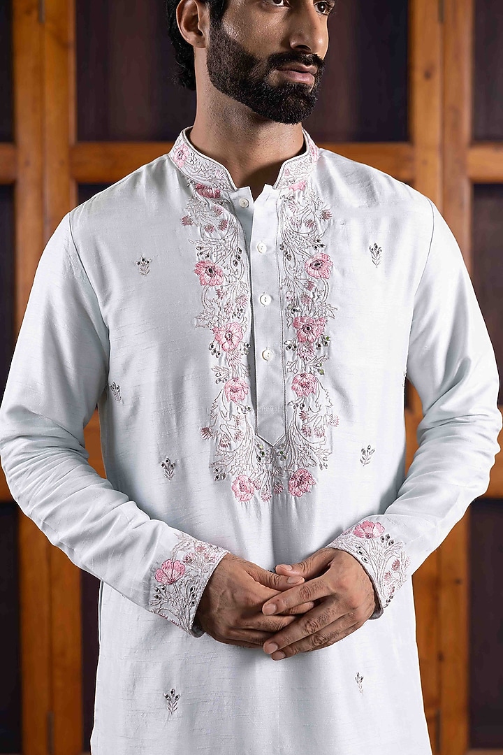 Light Steel Blue Tussar Silk Mirror Work Kurta Set by NAFS at Pernia's Pop Up Shop