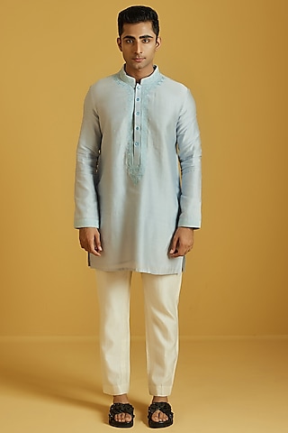 Powder Blue Chanderi Embroidered Kurta Set by NAFS