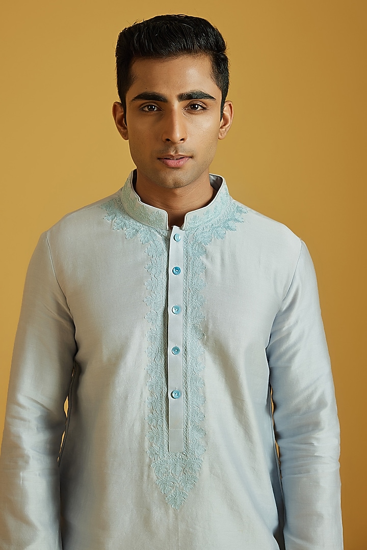 Powder Blue Chanderi Embroidered Kurta Set by NAFS at Pernia's Pop Up Shop