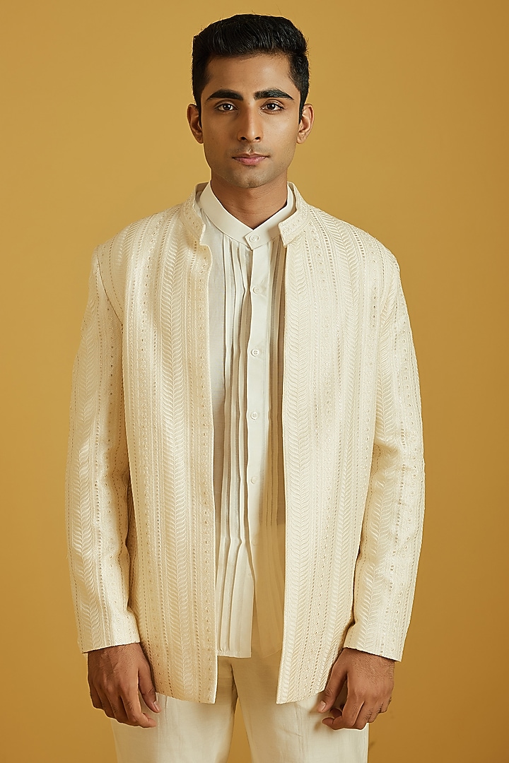 Ecru Chanderi Embroidered Jacket Set by NAFS at Pernia's Pop Up Shop