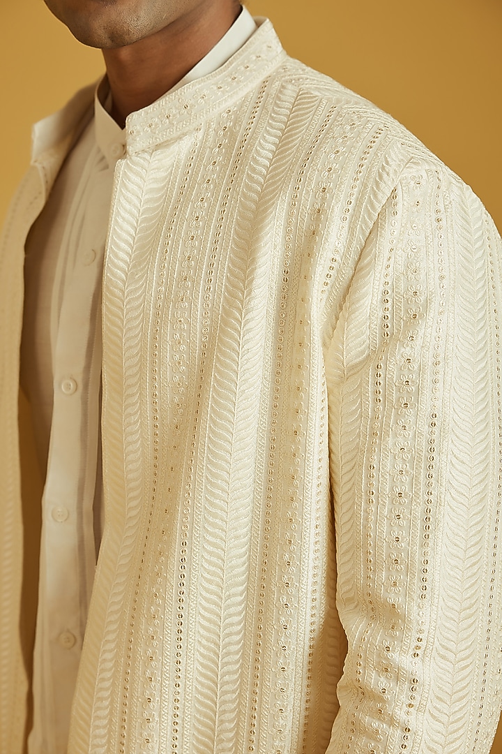 Ecru Chanderi Embroidered Jacket Set by NAFS at Pernia's Pop Up Shop