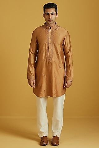 Mustard Chanderi Embroidered Kurta Set by NAFS