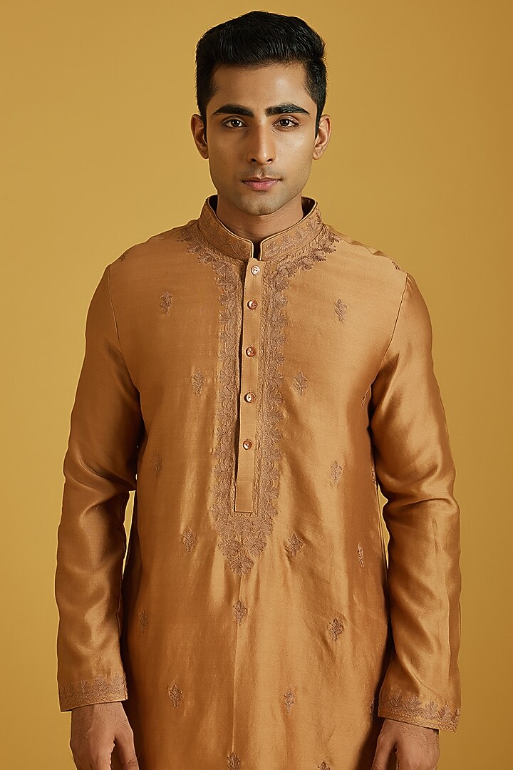 Mustard Chanderi Embroidered Kurta Set by NAFS at Pernia's Pop Up Shop
