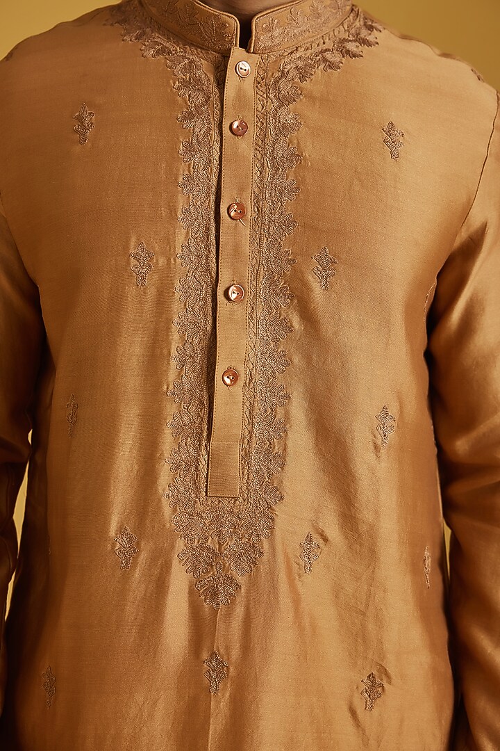 Mustard Chanderi Embroidered Kurta Set by NAFS at Pernia's Pop Up Shop