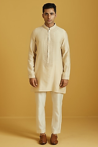 Beige Chanderi Embroidered Kurta Set by NAFS