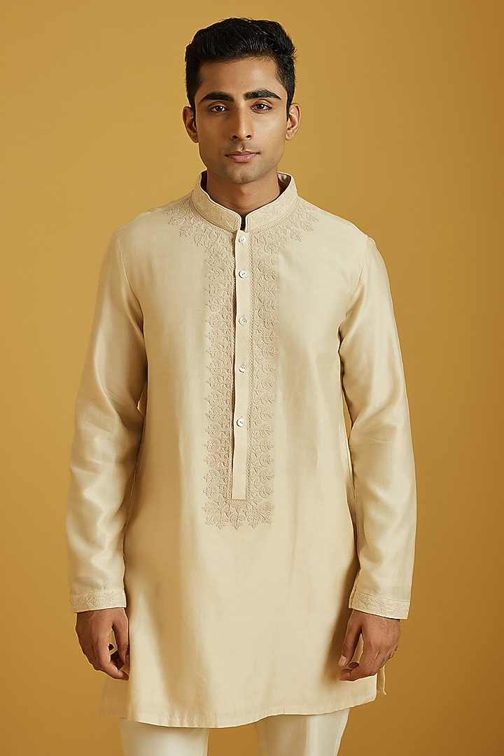 Beige Chanderi Embroidered Kurta Set by NAFS at Pernia's Pop Up Shop