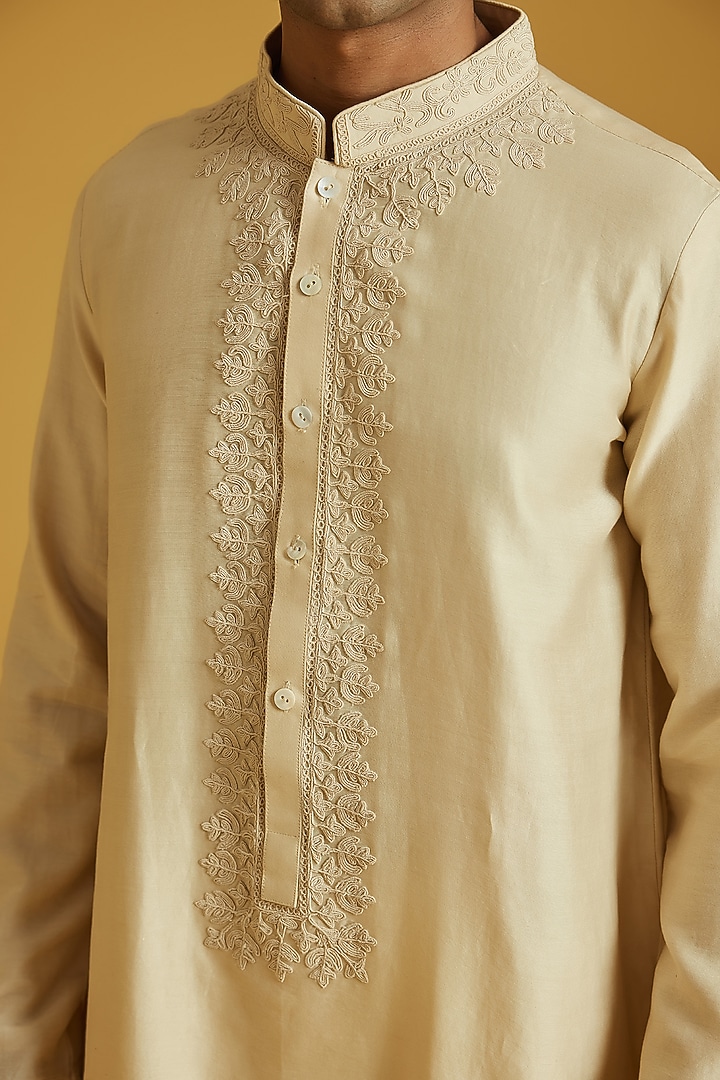 Beige Chanderi Embroidered Kurta Set by NAFS at Pernia's Pop Up Shop