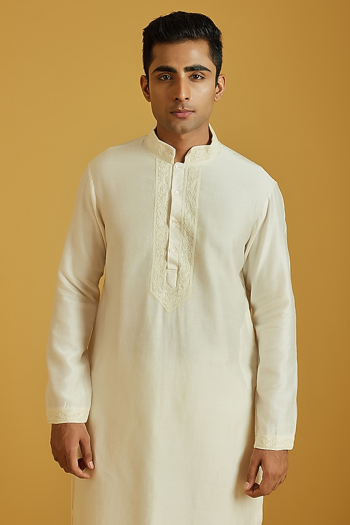 Ivory Chanderi Aari Embroidered Kurta Set by NAFS at Pernia's Pop Up Shop