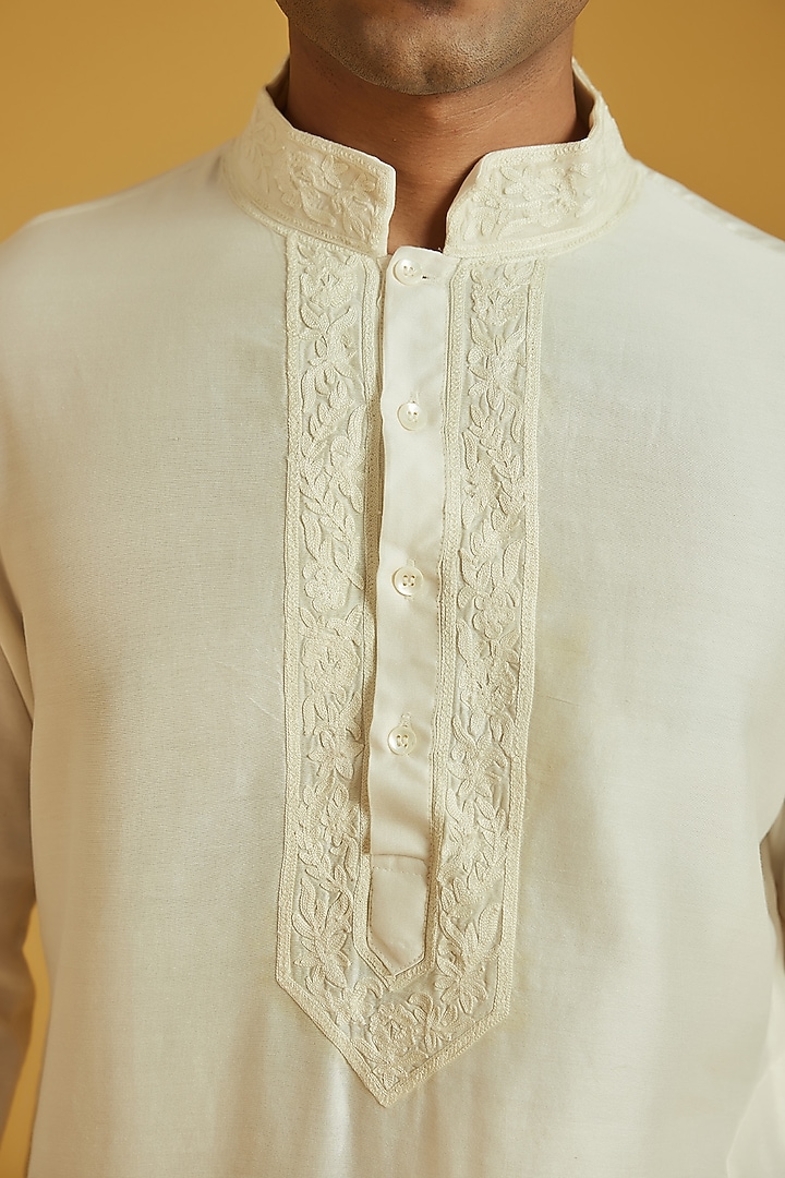 Ivory Chanderi Aari Embroidered Kurta Set by NAFS at Pernia's Pop Up Shop