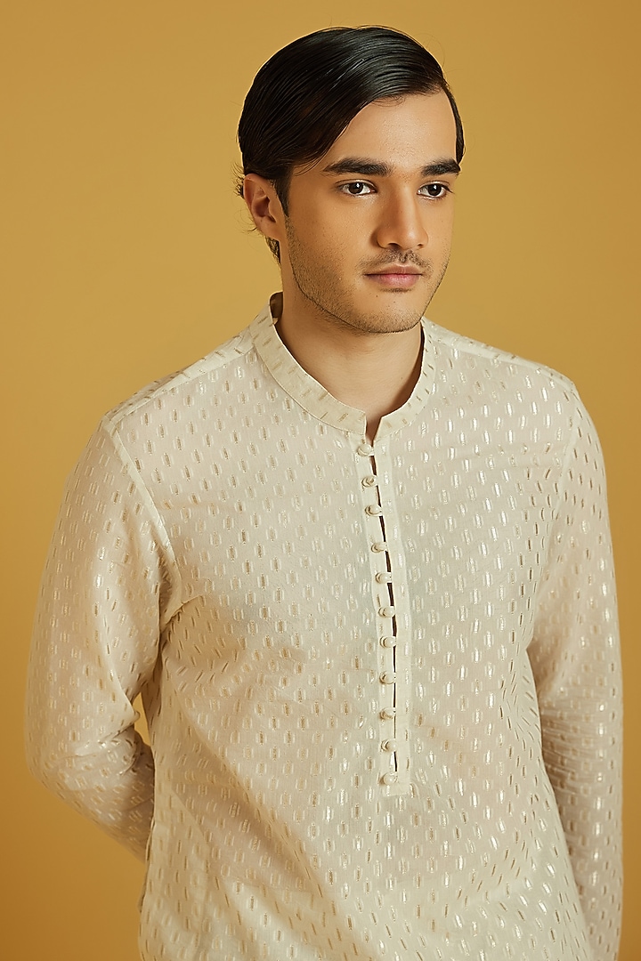 Ivory Chanderi Banarasi Brocade Kurta Set by NAFS at Pernia's Pop Up Shop