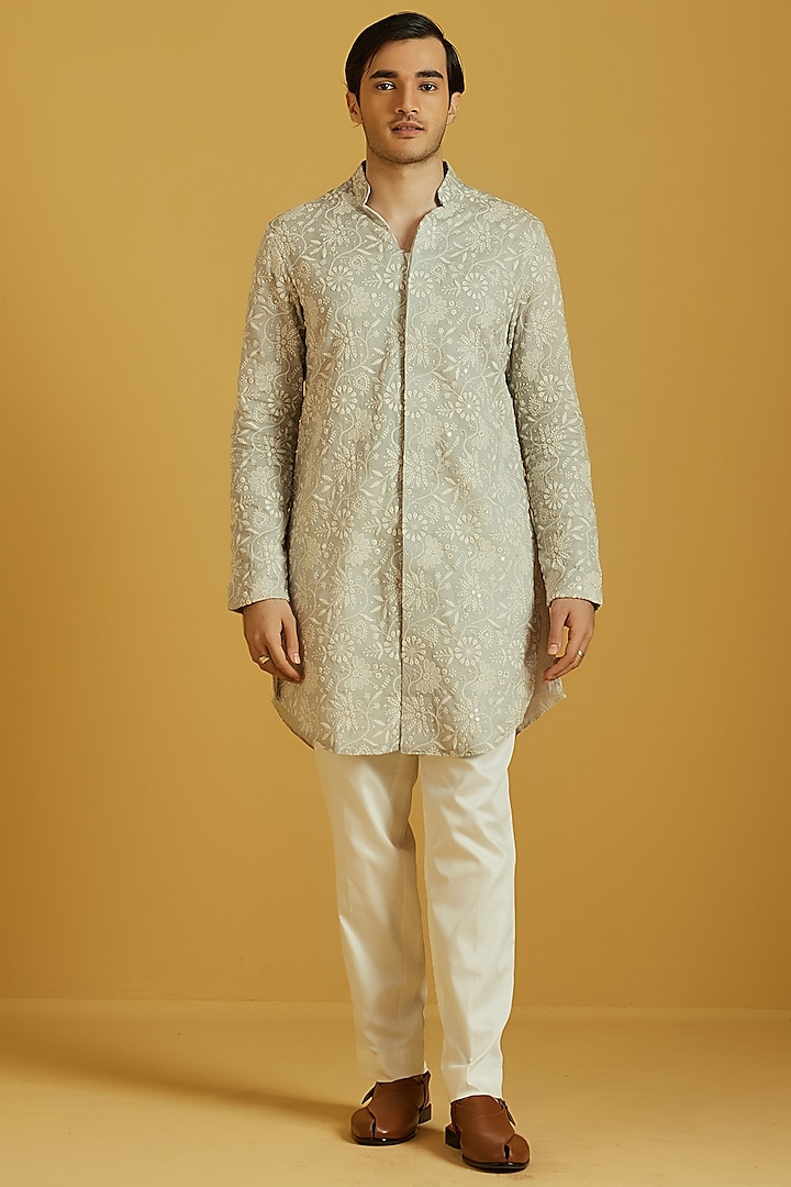 Dove Grey Cotton Embroidered Kurta Set by NAFS