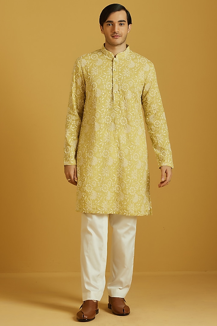 Pastel Yellow Cotton Embroidered Kurta Set by NAFS at Pernia's Pop Up Shop