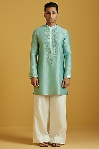 Mint Chanderi Embroidered Kurta Set by NAFS
