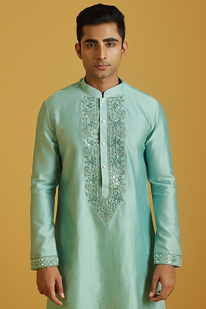 Mint Chanderi Embroidered Kurta Set by NAFS at Pernia's Pop Up Shop