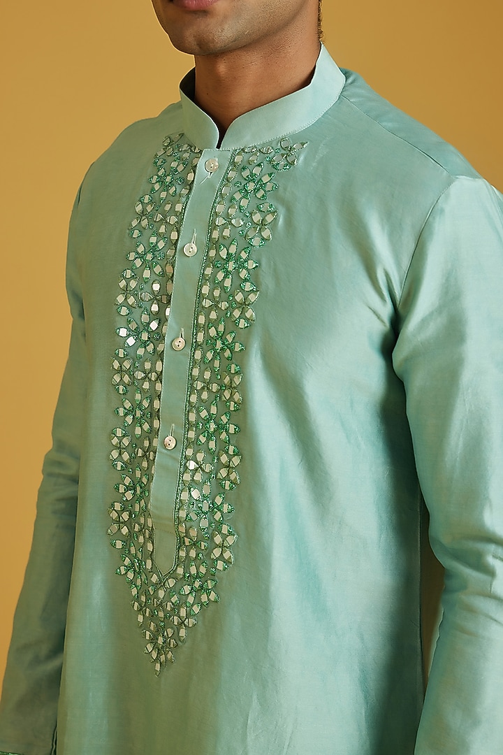 Mint Chanderi Embroidered Kurta Set by NAFS at Pernia's Pop Up Shop