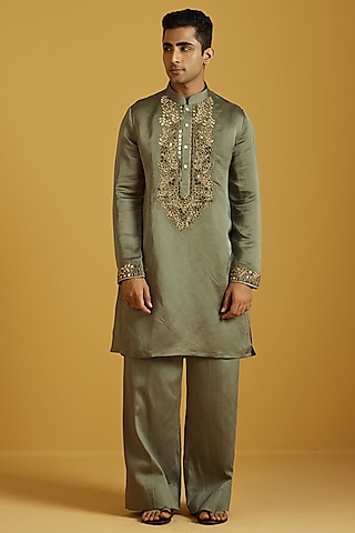 Seaweed Satin Linen Embroidered Kurta Set by NAFS