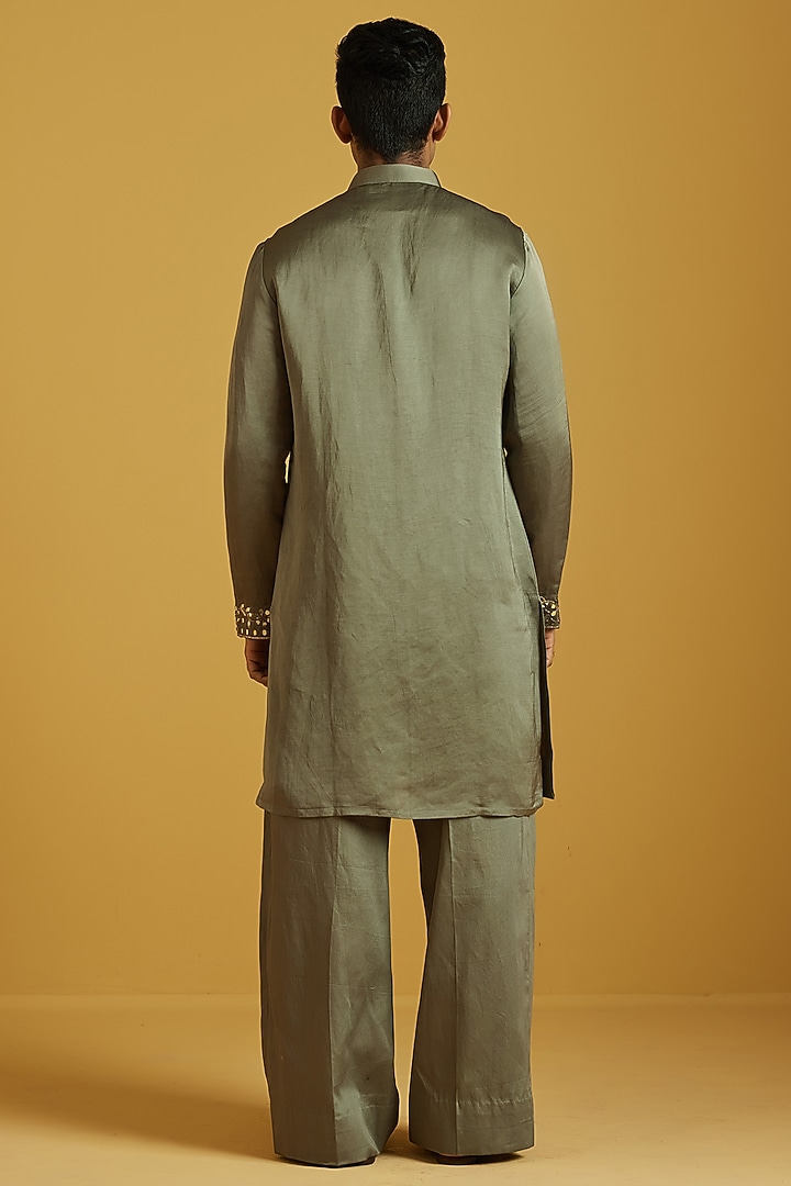 Seaweed Satin Linen Embroidered Kurta Set by NAFS at Pernia's Pop Up Shop