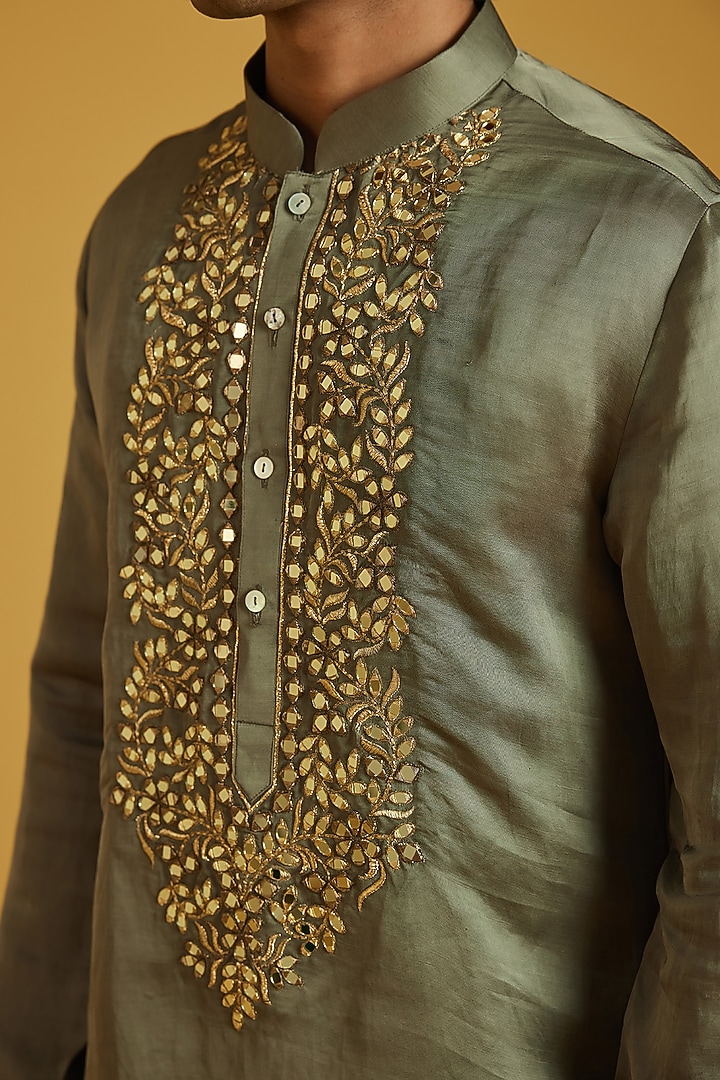 Seaweed Satin Linen Embroidered Kurta Set by NAFS at Pernia's Pop Up Shop