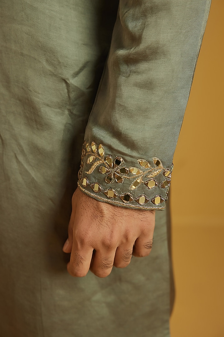 Seaweed Satin Linen Embroidered Kurta Set by NAFS at Pernia's Pop Up Shop
