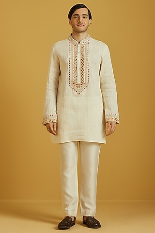 Cream Cotton Embroidered Kurta Set by NAFS