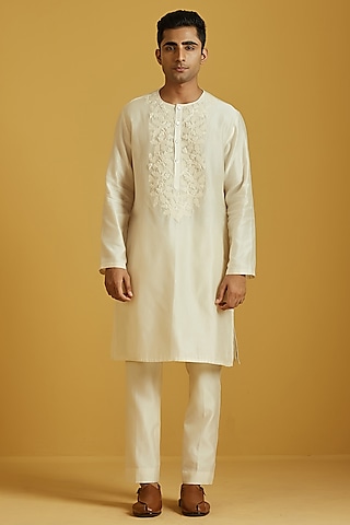 White Chanderi Embroidered Kurta Set by NAFS