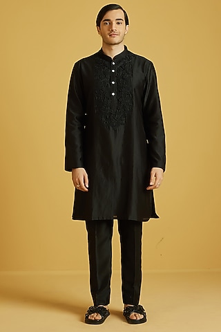 Black Chanderi Embroidered Kurta Set by NAFS