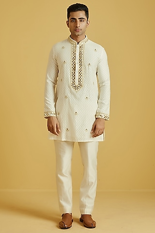 Gold Chanderi Jacquard Embroidered Kurta Set by NAFS