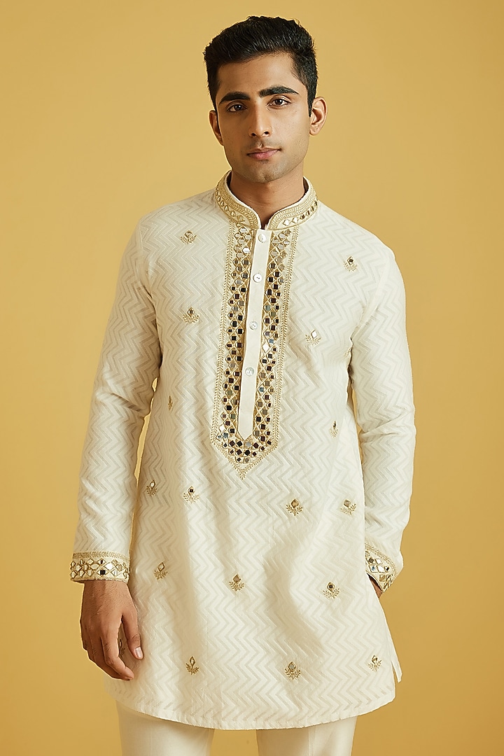 Gold Chanderi Jacquard Embroidered Kurta Set by NAFS at Pernia's Pop Up Shop