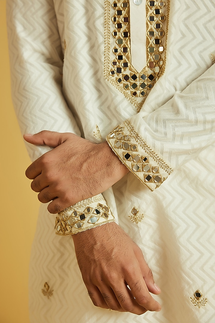 Gold Chanderi Jacquard Embroidered Kurta Set by NAFS at Pernia's Pop Up Shop