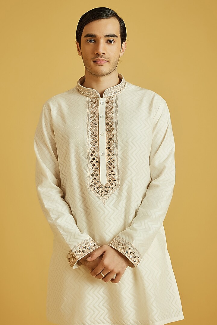 White Chanderi Embroidered Kurta Set by NAFS at Pernia's Pop Up Shop