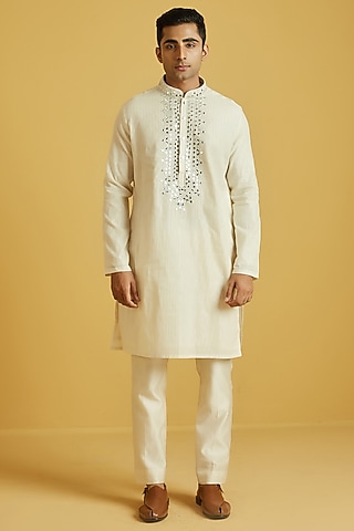 White Cotton Lurex Embroidered Kurta Set by NAFS