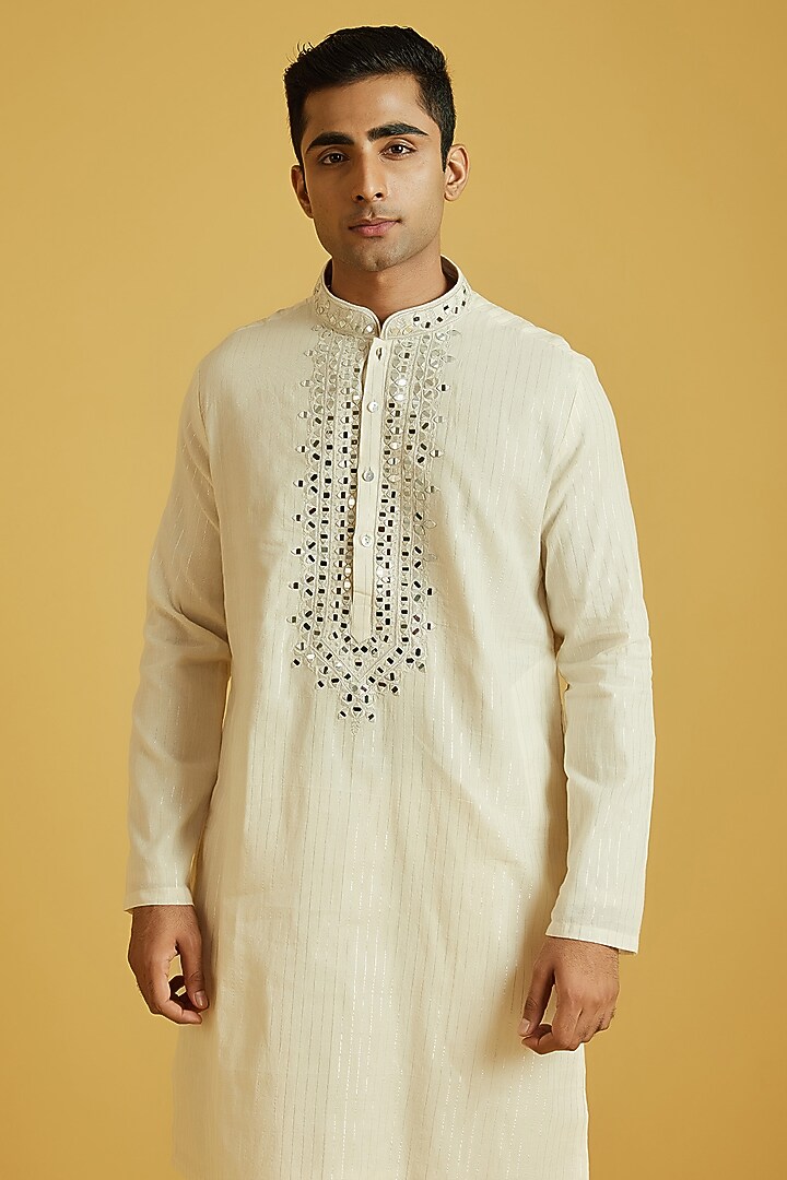 White Cotton Lurex Embroidered Kurta Set by NAFS at Pernia's Pop Up Shop