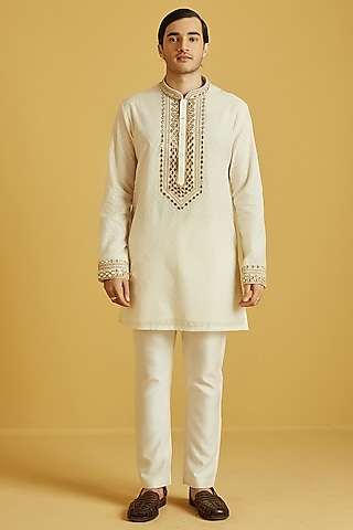 Ivory Chanderi Embroidered Kurta Set by NAFS
