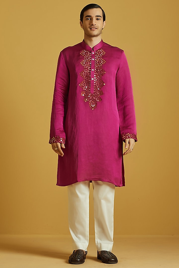 Red Violet Satin Linen Embroidered Kurta Set by NAFS