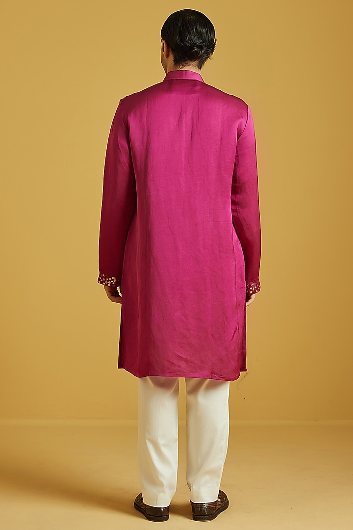 Red Violet Satin Linen Embroidered Kurta Set by NAFS at Pernia's Pop Up Shop