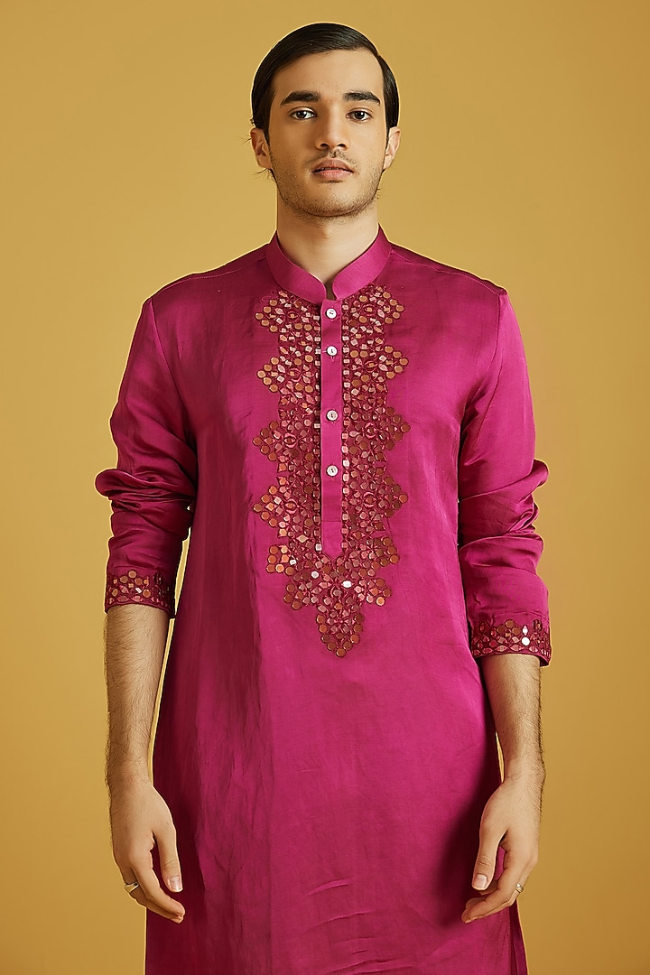 Red Violet Satin Linen Embroidered Kurta Set by NAFS at Pernia's Pop Up Shop