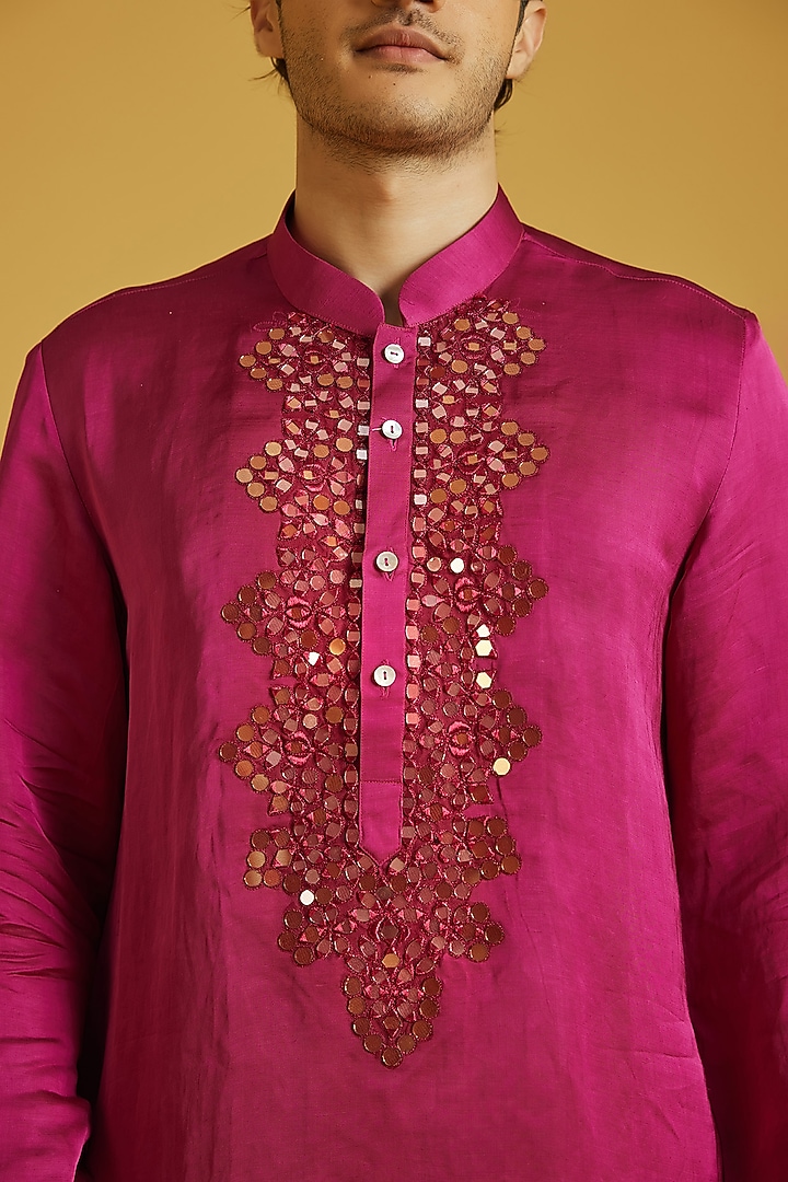 Red Violet Satin Linen Embroidered Kurta Set by NAFS at Pernia's Pop Up Shop