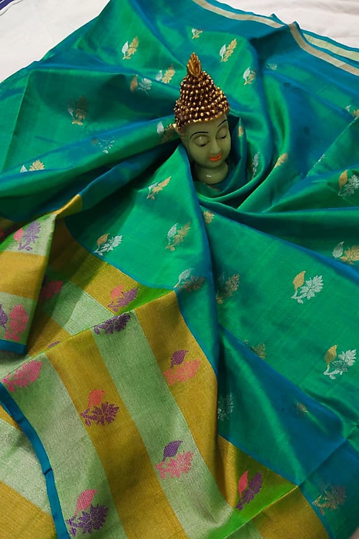 Green Handwoven Saree Set With Zari by Nagraj