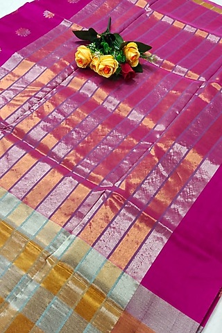 Pink Handwoven Saree Set With Zari Border by Nagraj