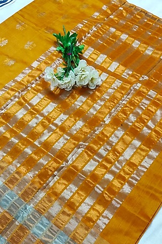 Yellow Handwoven Saree Set With Zari Border by Nagraj