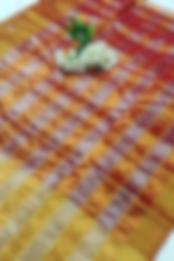 Mustard Handwoven Saree Set With Zari Border by Nagraj