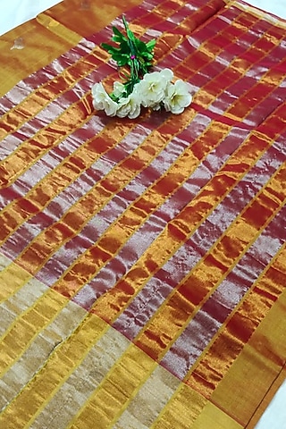 Mustard Handwoven Saree Set With Zari Border by Nagraj