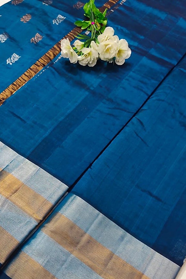 Blue & Gold Handwoven Saree Set With Zari Border by Nagraj