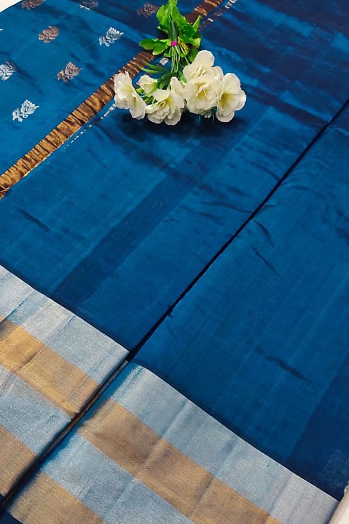 Blue & Gold Handwoven Saree Set With Zari Border by Nagraj at Pernia's Pop Up Shop