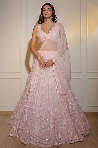 Frosty Pink Net Sequins Embroidered Lehenga Set by Naibah
