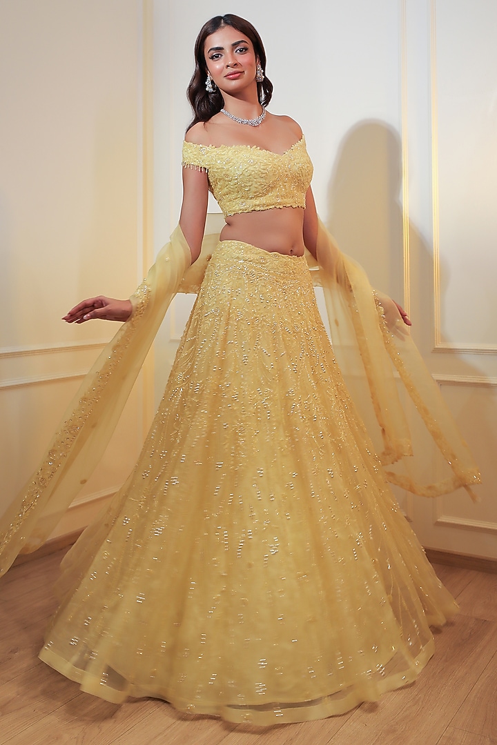 Lemon Yellow Organza Sequins Embroidered Bridal Lehenga Set by Naibah at Pernia's Pop Up Shop