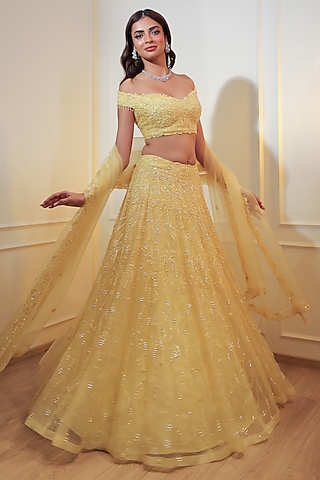 Lemon Yellow Organza Sequins Embroidered Lehenga Set by Naibah
