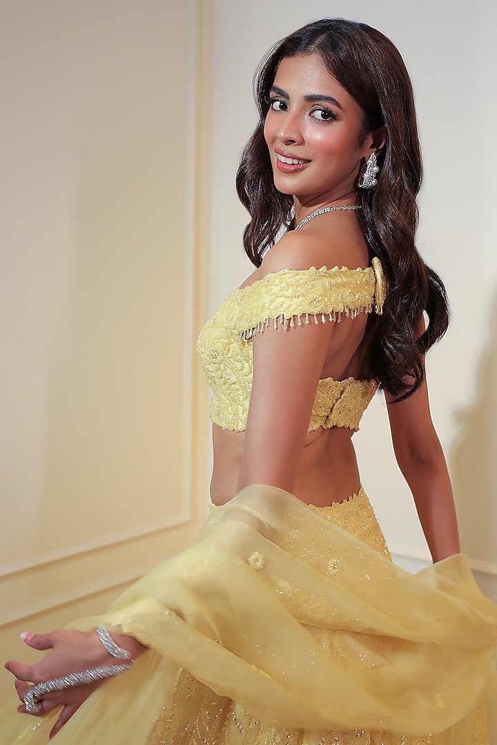 Lemon Yellow Organza Sequins Embroidered Bridal Lehenga Set by Naibah at Pernia's Pop Up Shop